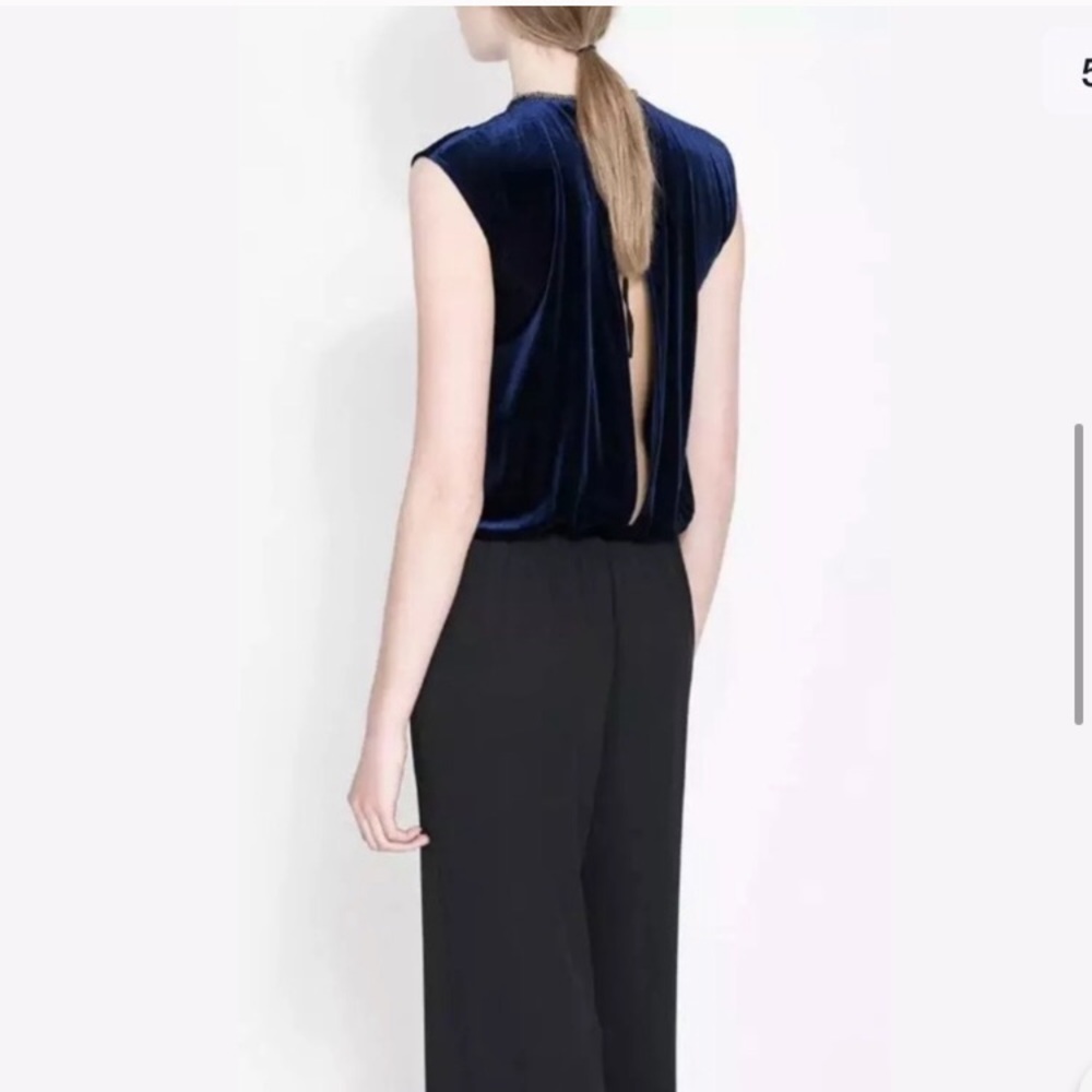 ZARA blue velvet open back jumpsuit